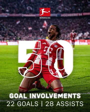 Brilliance in the Bundesliga from @m.olise 😮‍💨

5️⃣2️⃣ Appearances 
2️⃣2️⃣ Goals
2️⃣8️⃣ Assists
