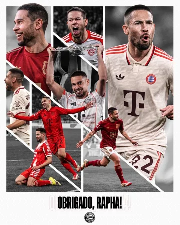 𝐎𝐛𝐫𝐢𝐠𝐚𝐝𝐨, 𝐑𝐚𝐩𝐡𝐚 🙏
95 games, 14 goal, 8 assists – Thank you for your dedication to FC Bayern, and all the best for the future! ❤️🤍
Adeus e tudo de bom, @raphaelguerreiro14! 👋